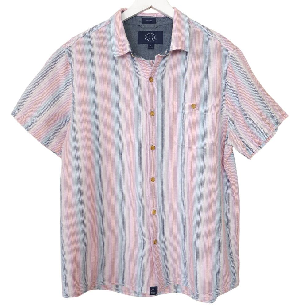 Even Tide Linen Blend Shirt L Sunset Stripe Blue Pink Orange Resort Coastal Mens